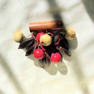 Vtg Brooch Wooden Seeds W Millinery Fruit Hanging On Celluloid Chain SoldAsIs